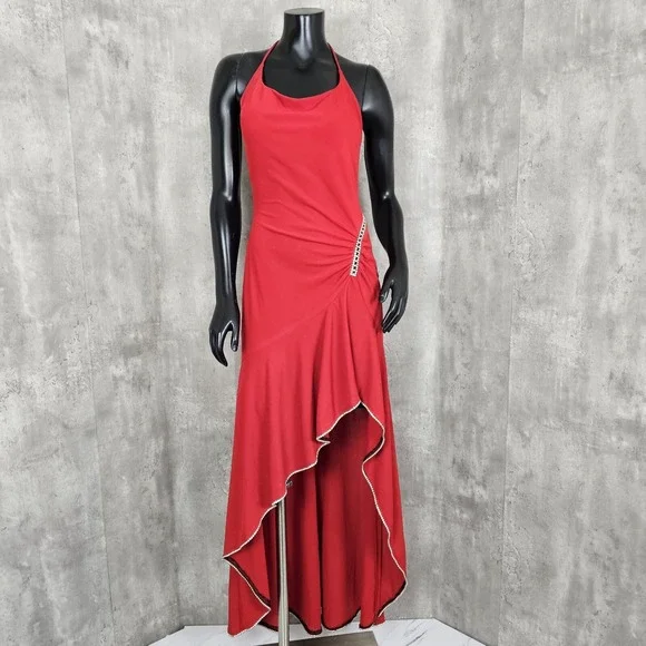 Nicole Bakti Red Halter Evening Gown Dress Rhinestone Trim Asymmetrical Hem  Sz S
